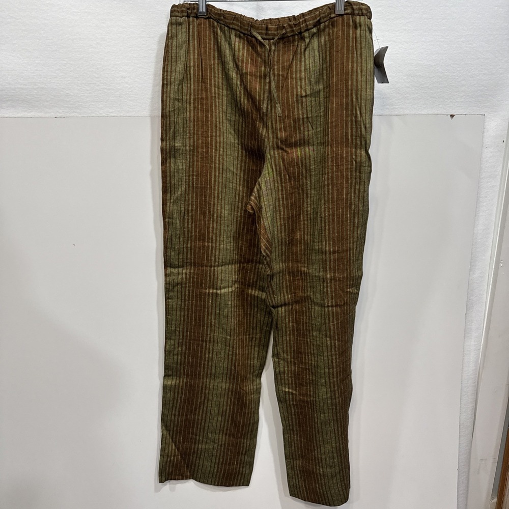 NWT Alfani Sz 10 Linen Blend Wide Leg Brown Green StripPull On Drawstring Pant